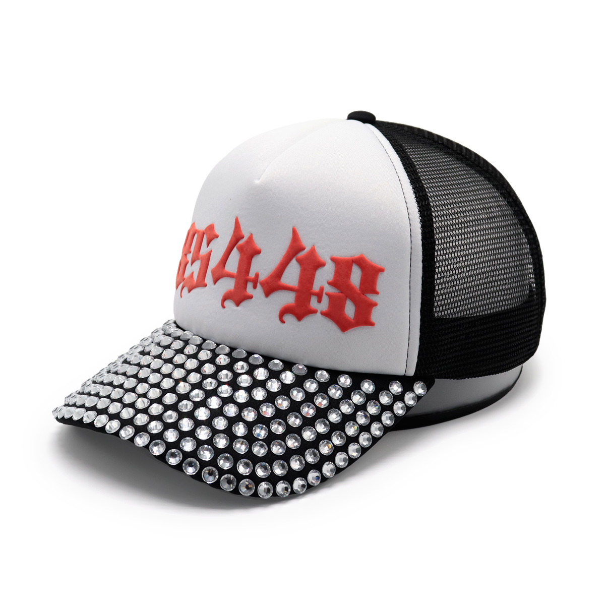 Puff Print Logo Rhinestone Mesh Baseball Cap – 3D Raised Embroidery, Adjustable Snapback, Unisex Streetwear Hat