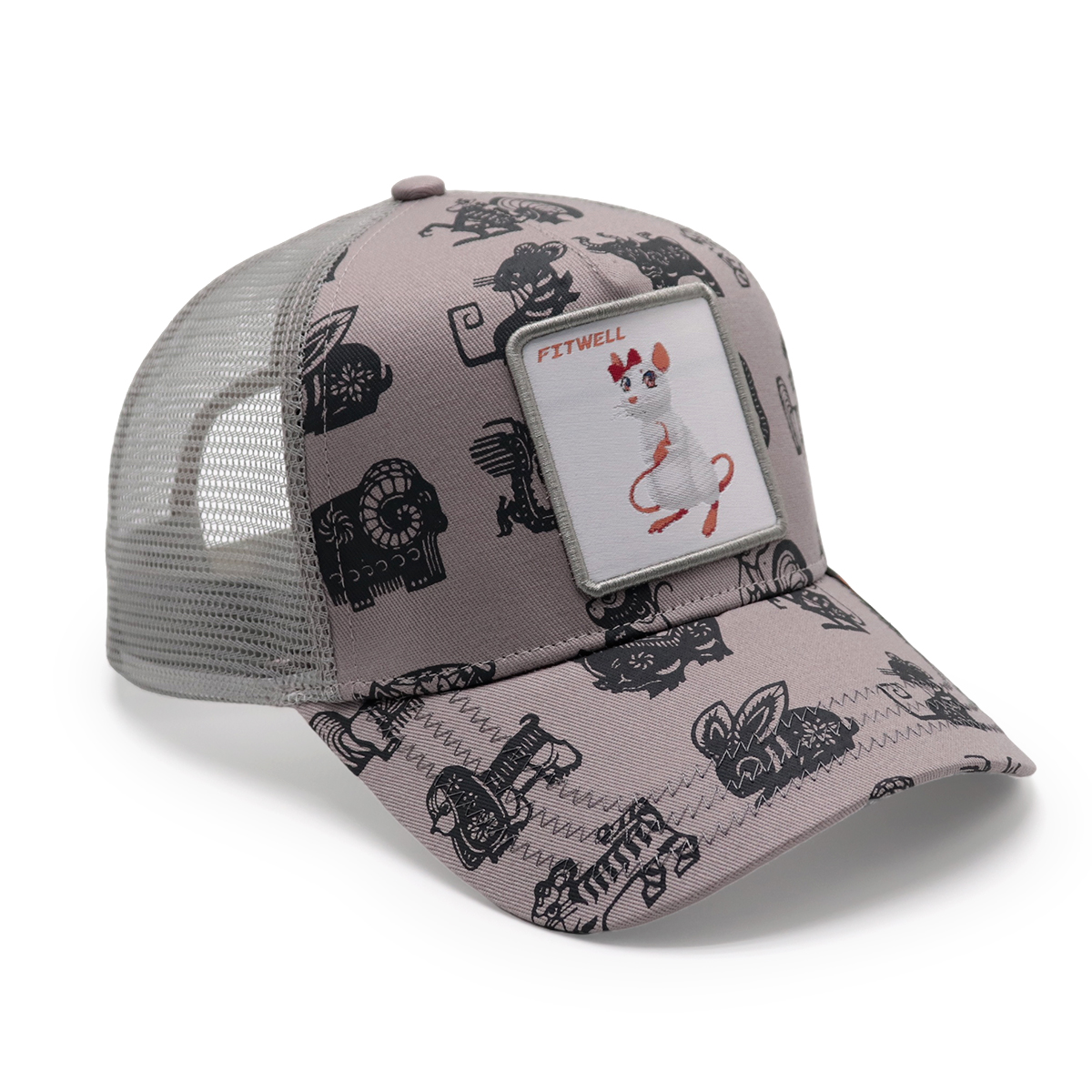 Gray Cartoon Print Cotton Twill Trucker Cap with Mouse Transfer Patch and Woven Label