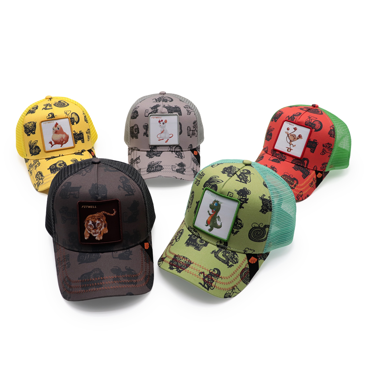 FITWELL Brown Tiger Patch Trucker Hat – Embroidered Animal Mesh Snapback Cap