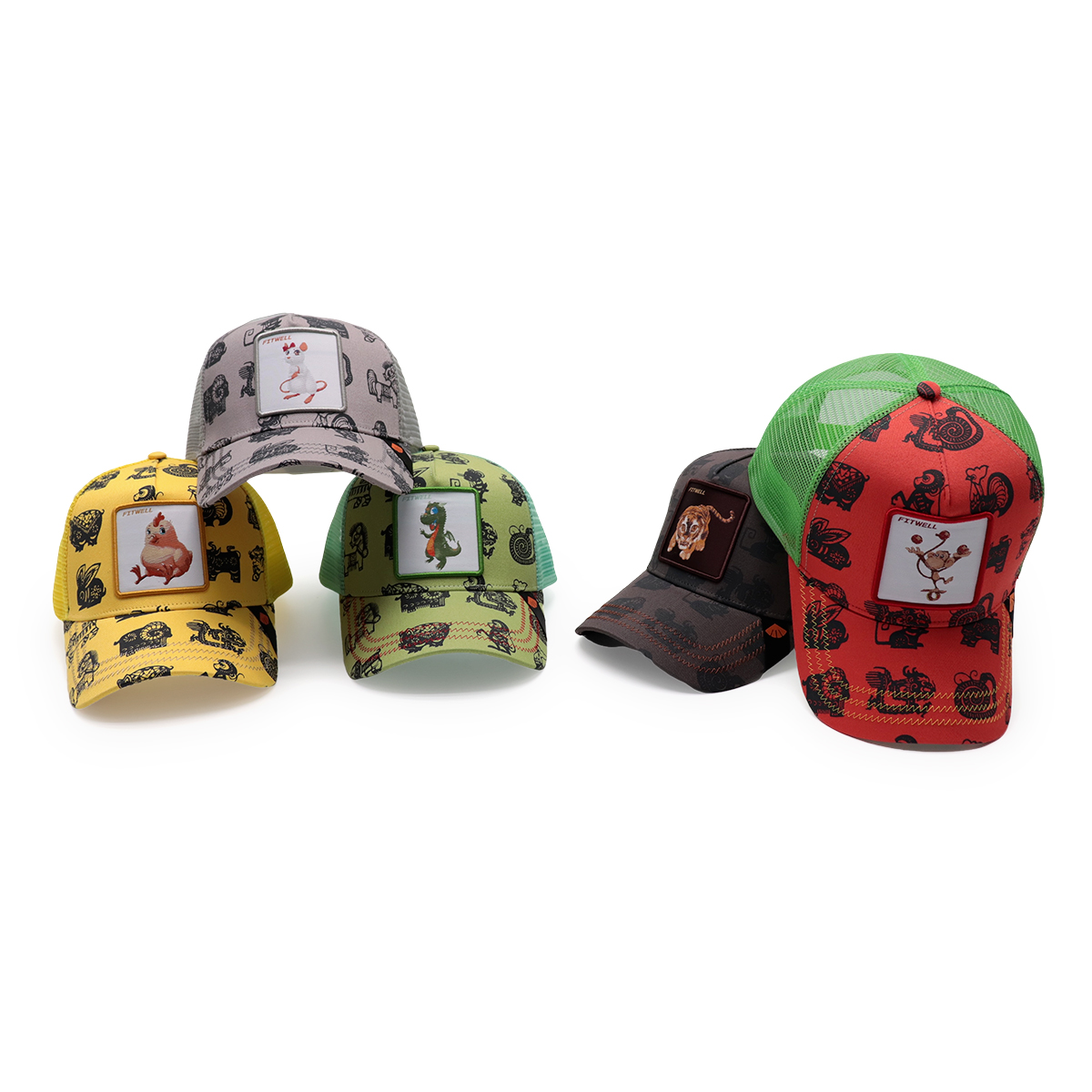 FITWELL Brown Tiger Patch Trucker Hat – Embroidered Animal Mesh Snapback Cap