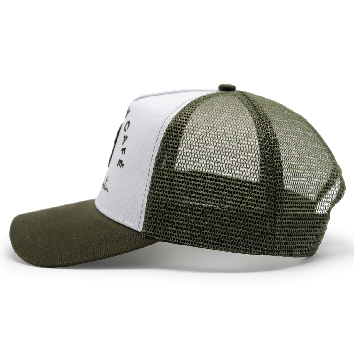 5 Panel Mesh Trucker Cap with 3D Embroidered Rainbow Café Logo – Custom Adjustable Snapback Hat