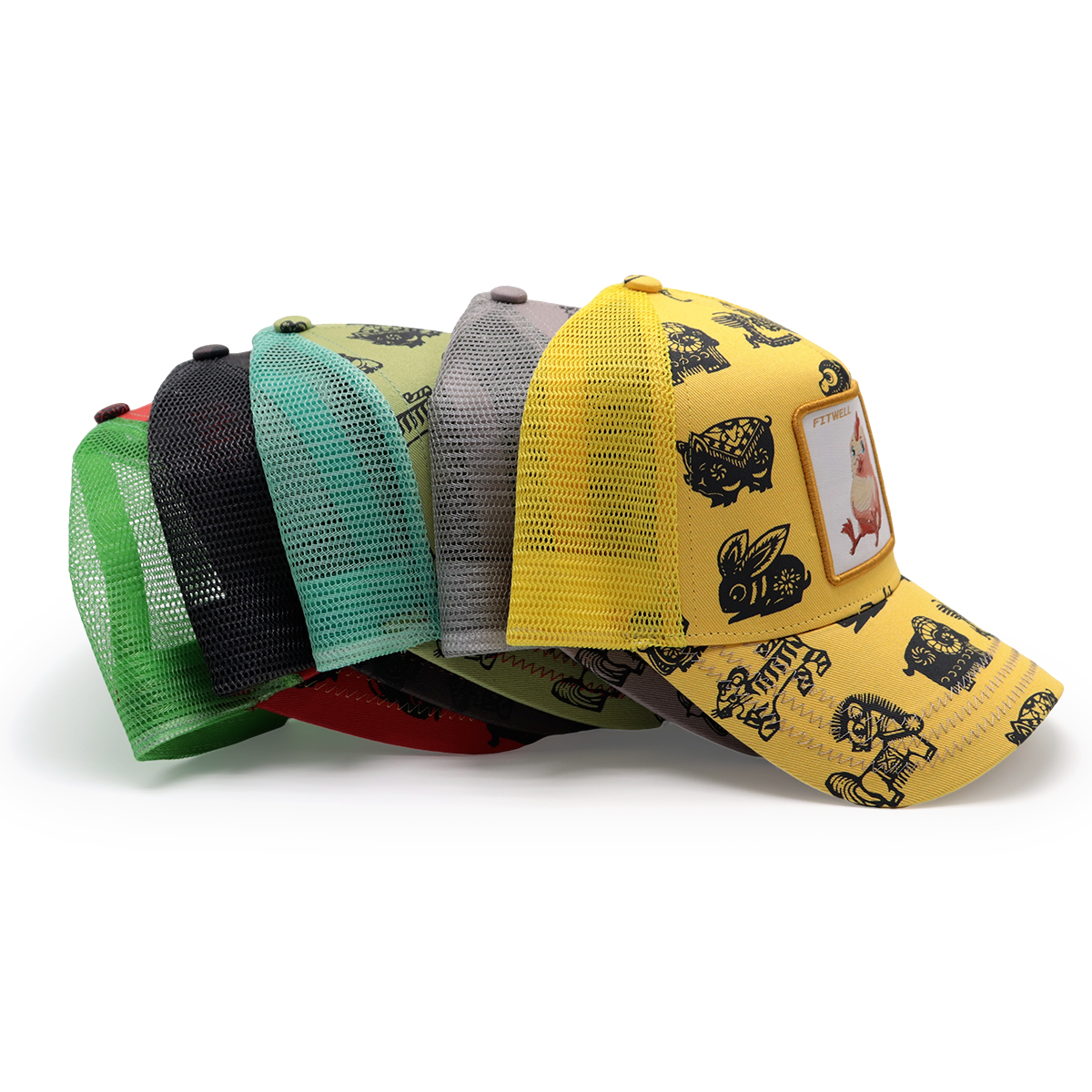 Gray Cartoon Print Cotton Twill Trucker Cap with Mouse Transfer Patch and Woven Label