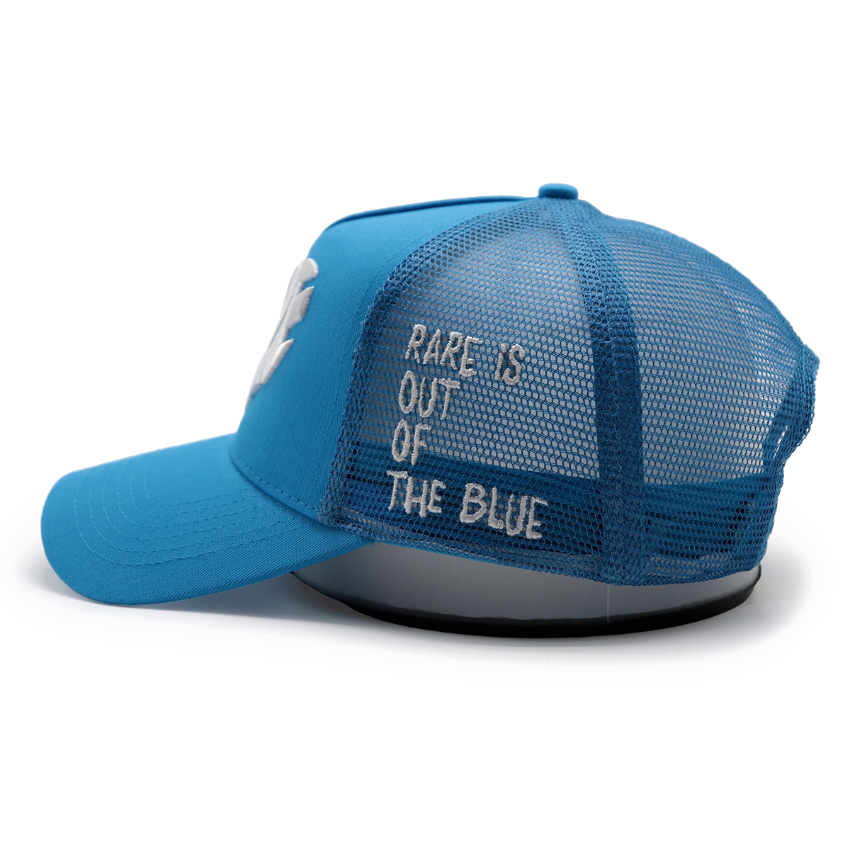 5 Panel Blue Trucker Cap with 3D Embroidered RARE Logo and Curved Brim – Adjustable Mesh Snapback Hat