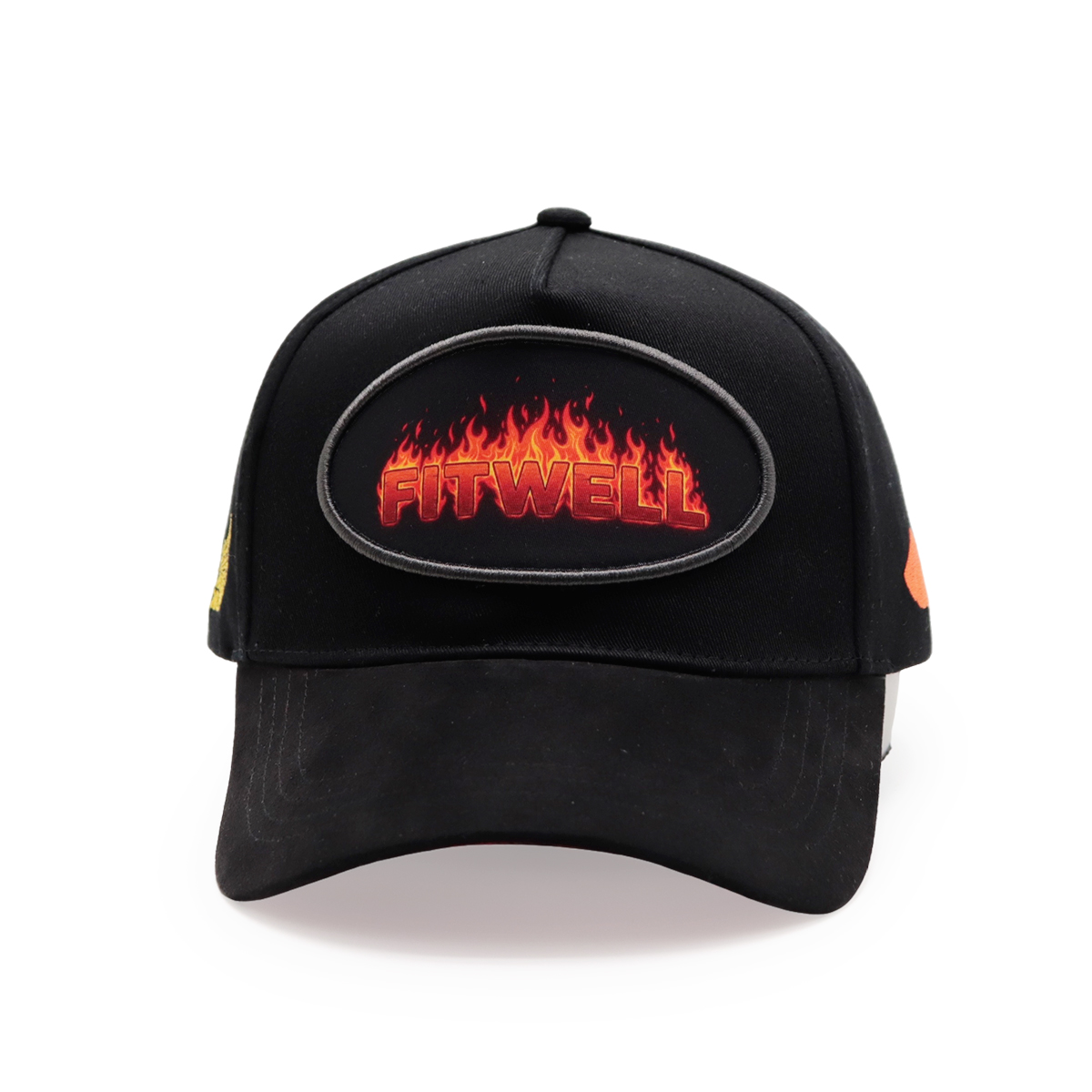 FITWELL Flame Embroidered Baseball Cap, 6-Panel Snapback Hat, Yellow & Black, Unisex Streetwear