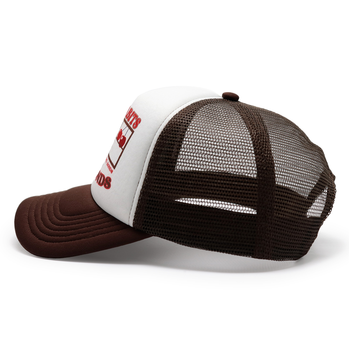 Printed Logo Mesh Trucker Cap – Brown & White Retro, Adjustable Snapback, Unisex Streetwear Hat