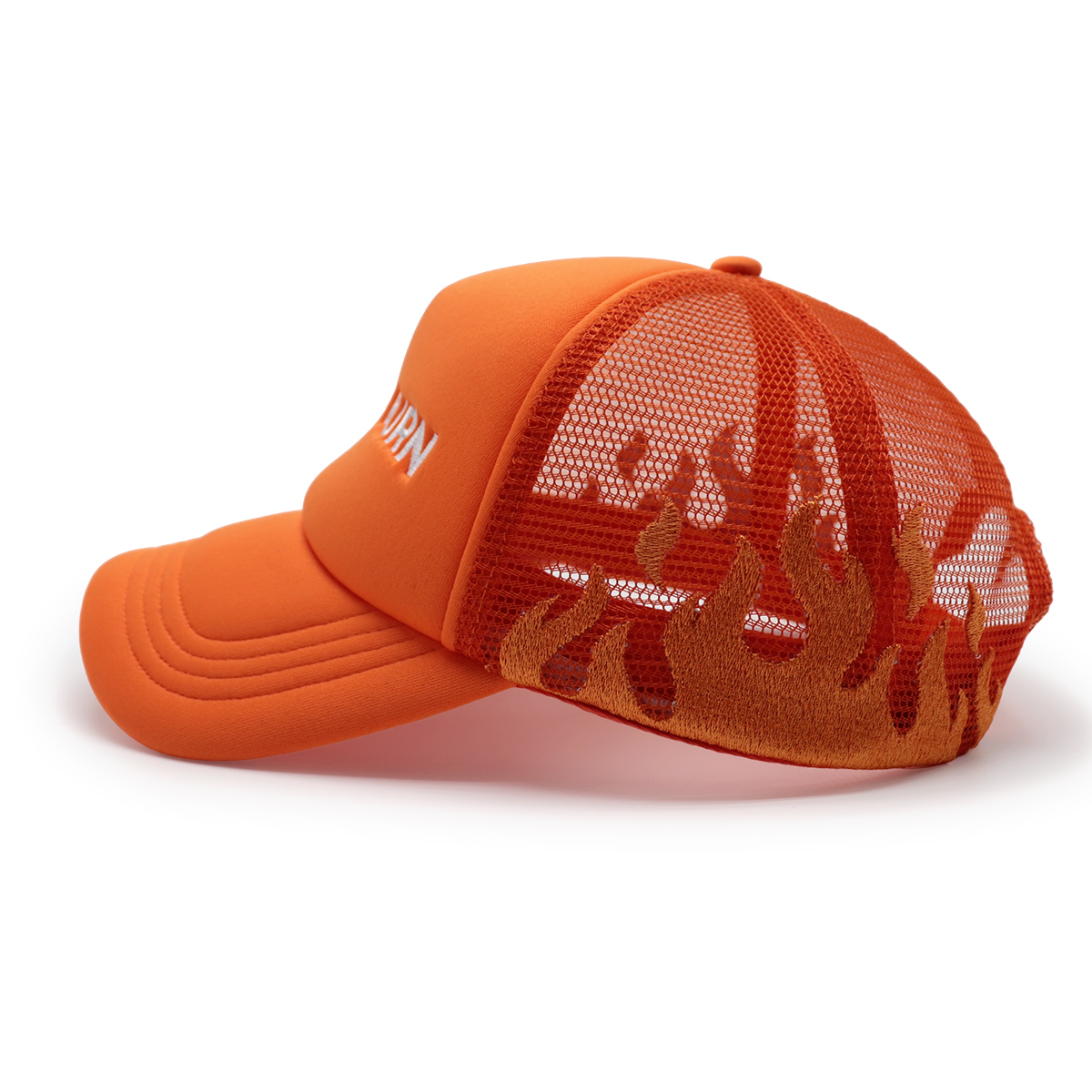 LET IT BURN Embroidered Trucker Hat – Black Flame Mesh Cap & Red Snapback Cap, Statement Baseball Hat, Unisex Adjustable