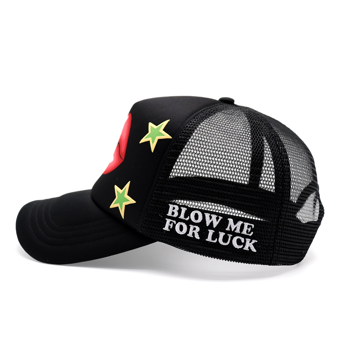 Fashion Black Trucker Cap with Red Lips and Green Star Pattern