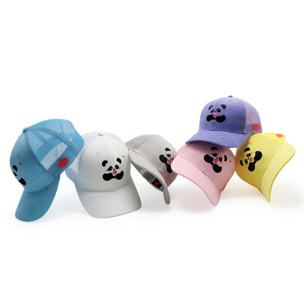 Cute Panda Embroidery Corduroy Mesh Trucker Hat for Kids and Adults