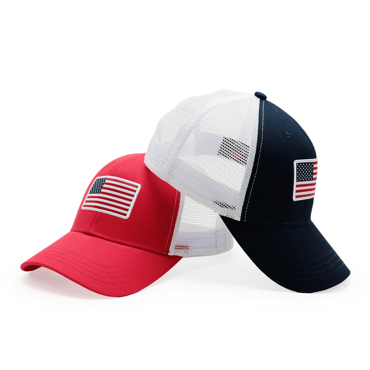 USA Flag Mesh Trucker Cap – Adjustable Classic Closure, American Flag Embroidered Hat (Red & Navy)