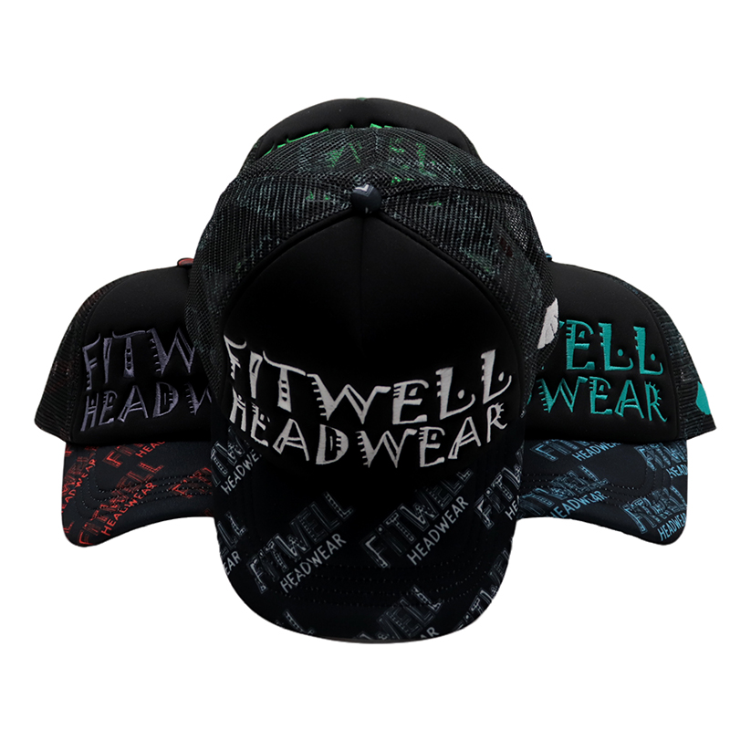 FITWELL All-Over Print & Embroidered Logo Trucker Hat – Bold Mesh Baseball Cap