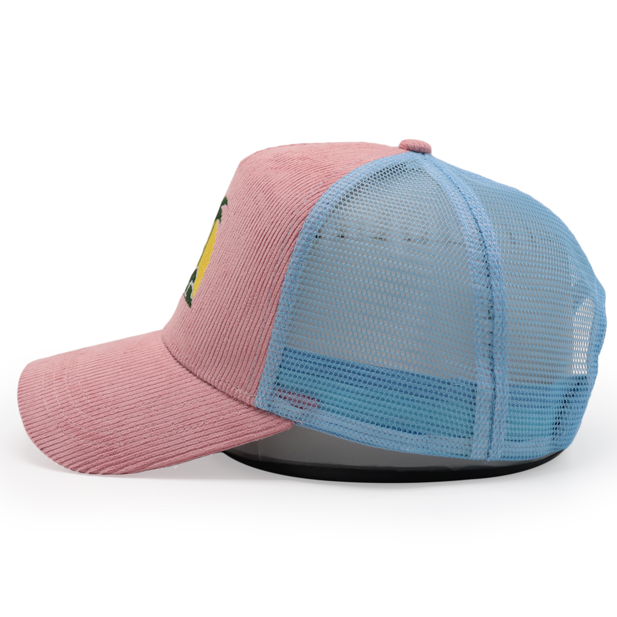 FITWELL Corduroy Mesh Trucker Cap – Embroidered Palm Sunset Logo, Adjustable Retro Hat (Pink, Blue, Green)