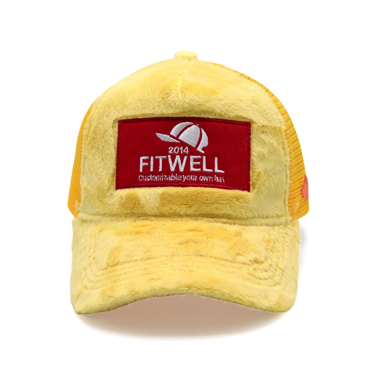 Yellow Velvet Trucker Cap with Embroidered Patch Logo | Custom Mesh Snapback Hat