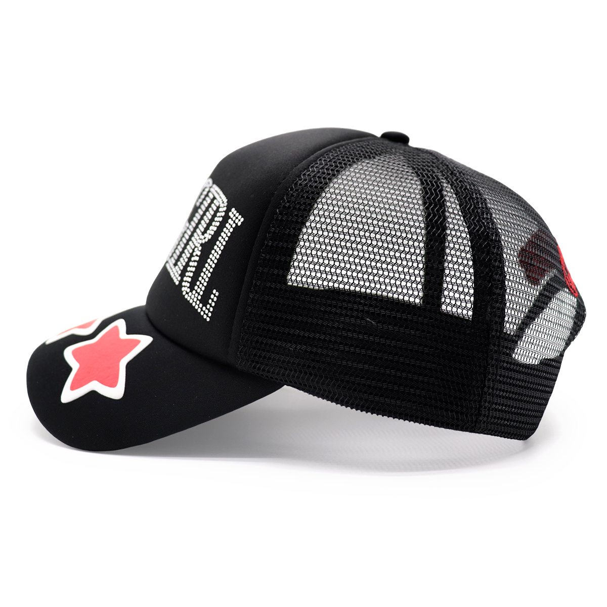 COWGIRL Rhinestone Baseball Cap Trucker Hat – Adjustable Black Mesh Cap with Red Stars for Women and Men
