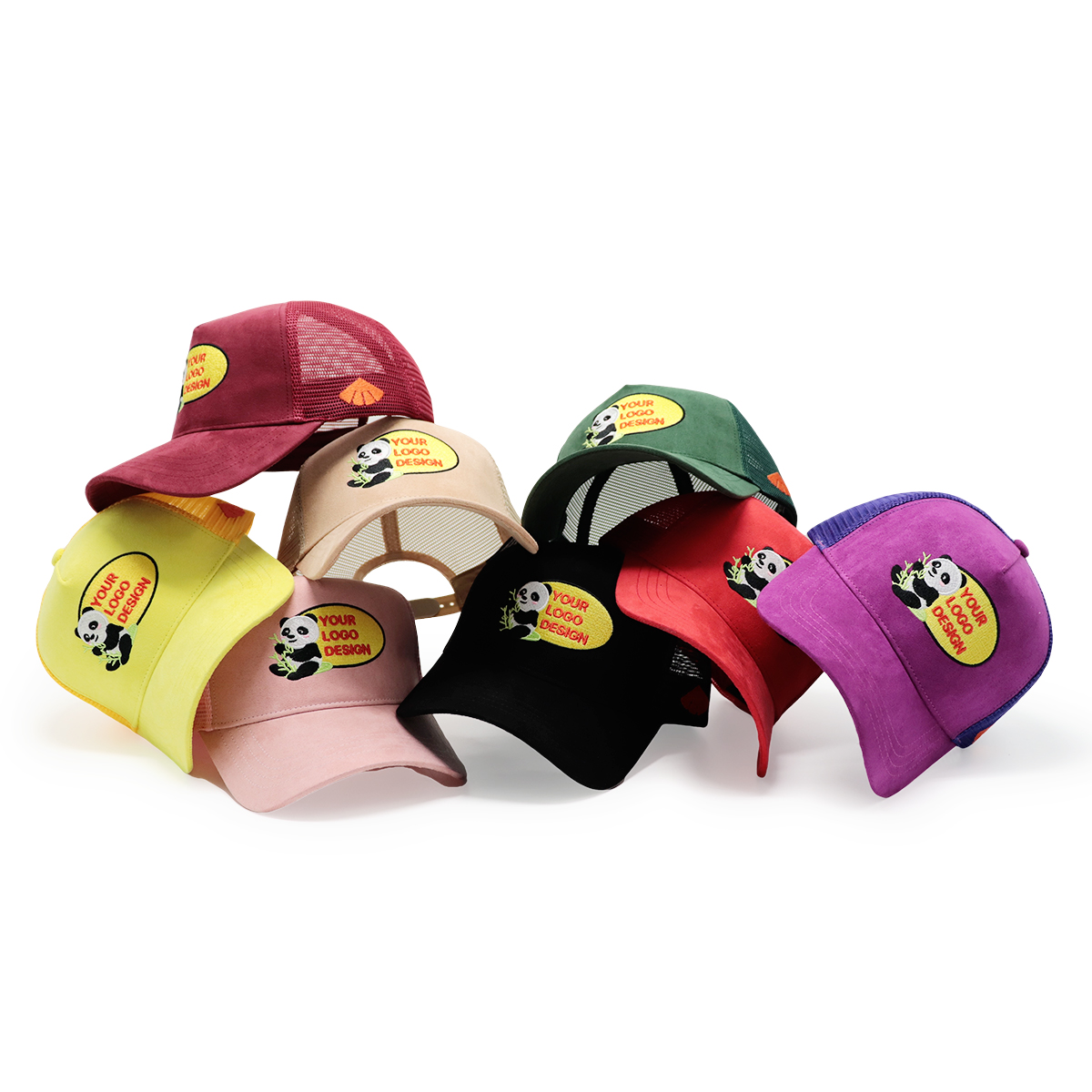 Custom Logo Trucker Caps – Multi-Color Mesh Back Snapback Hat with Panda Patch