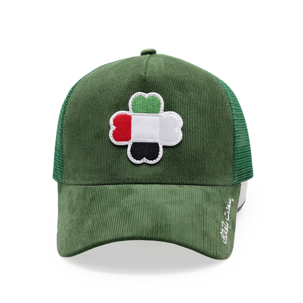 UAE Flag Clover Embroidered Corduroy Mesh Trucker Cap – Four-Leaf Lucky Baseball Hat