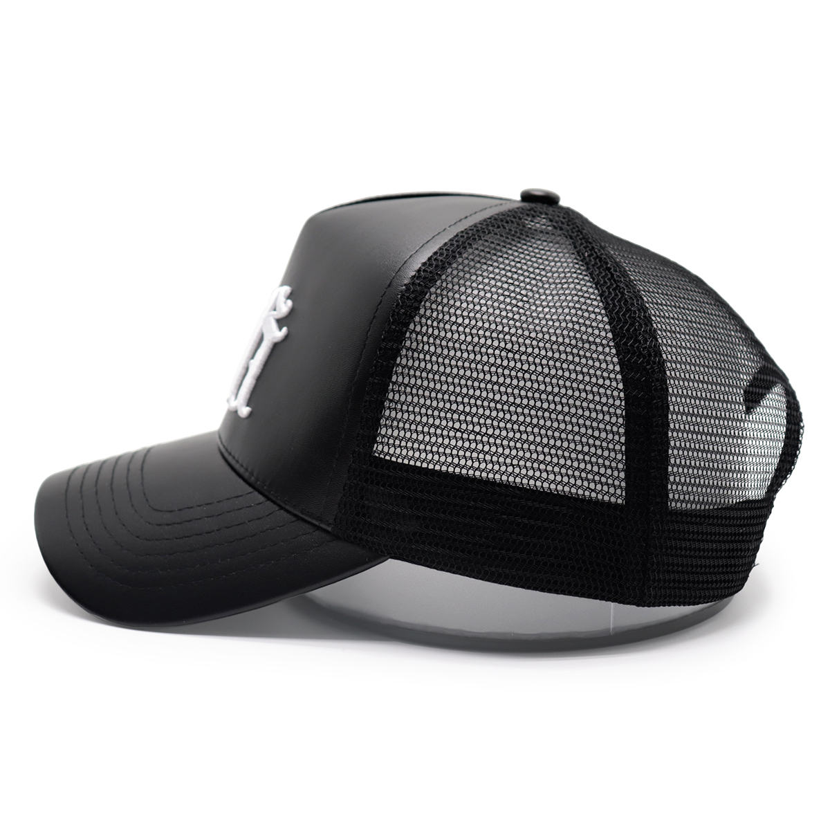 Black PU Leather Mesh Trucker Cap with Retro Embroidered Letters, Adjustable Snapback, Unisex