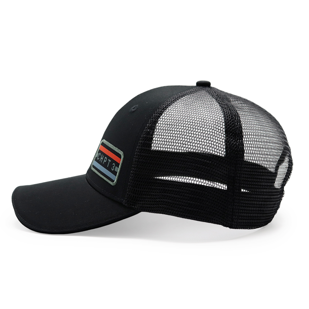 CHPT3 Black Trucker Cap, Mesh Back Snapback Hat, Embroidered Patch, Adjustable Unisex Baseball Hat