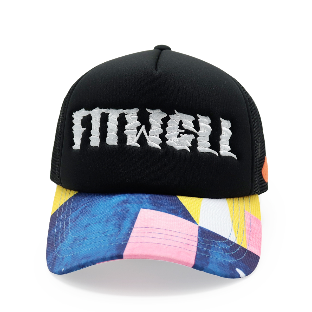 Fitwell Embroidered Logo Trucker Cap, Colorful Printed Brim Foam Mesh Hat, Trendy Snapback