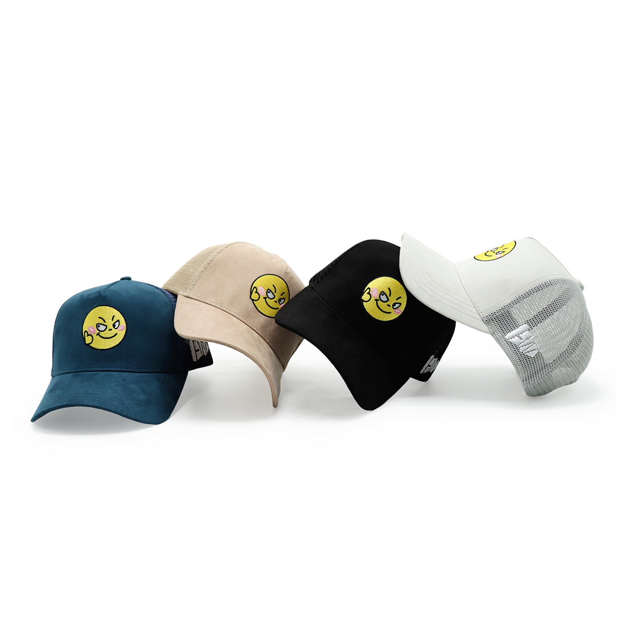 Custom Suede Embroidered Trucker Hats – Mesh Snapback Cap with Smiley Face