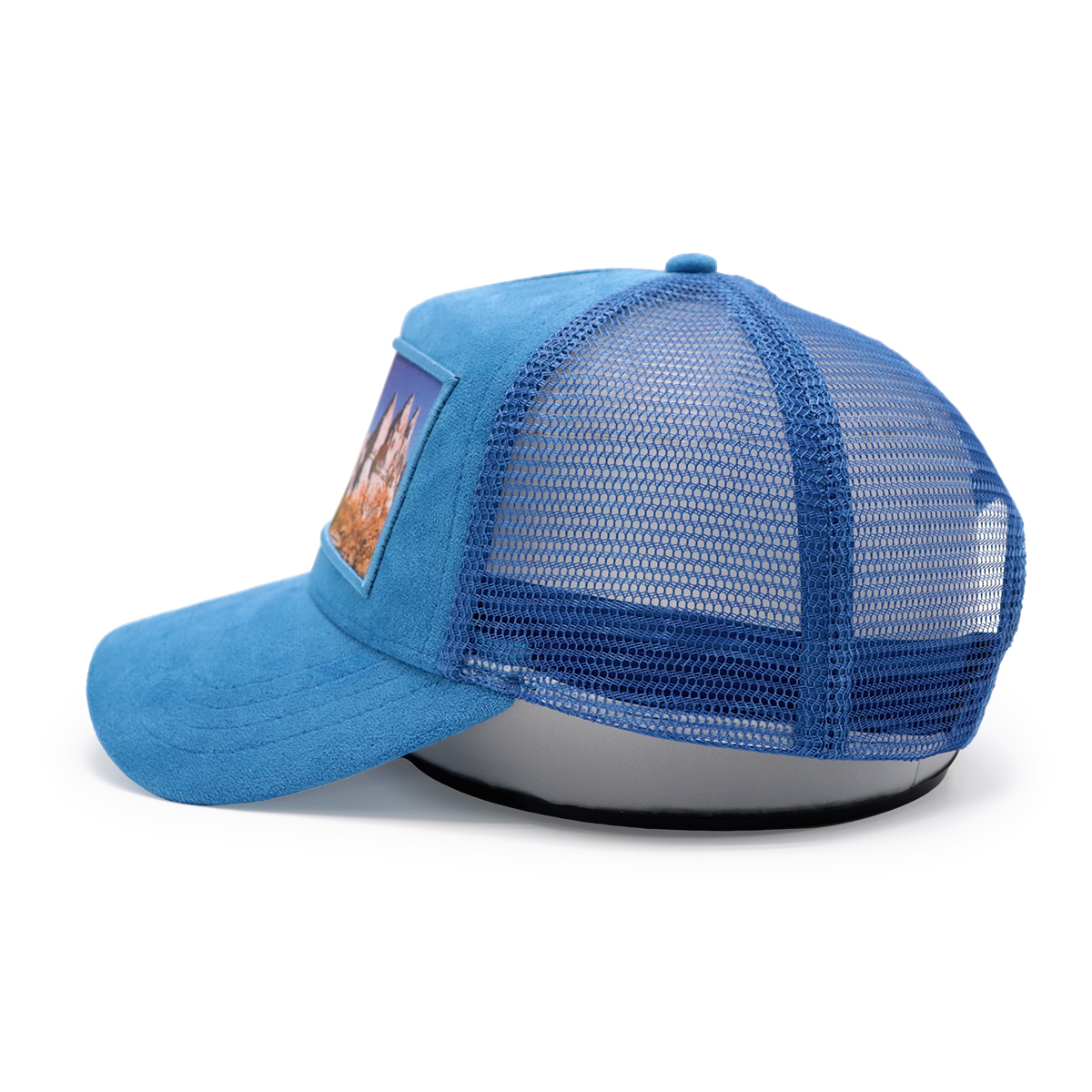Blue Suede Mesh Trucker Hat – Scenic Patch Baseball Cap, Adjustable Outdoor Cap for Men and Women