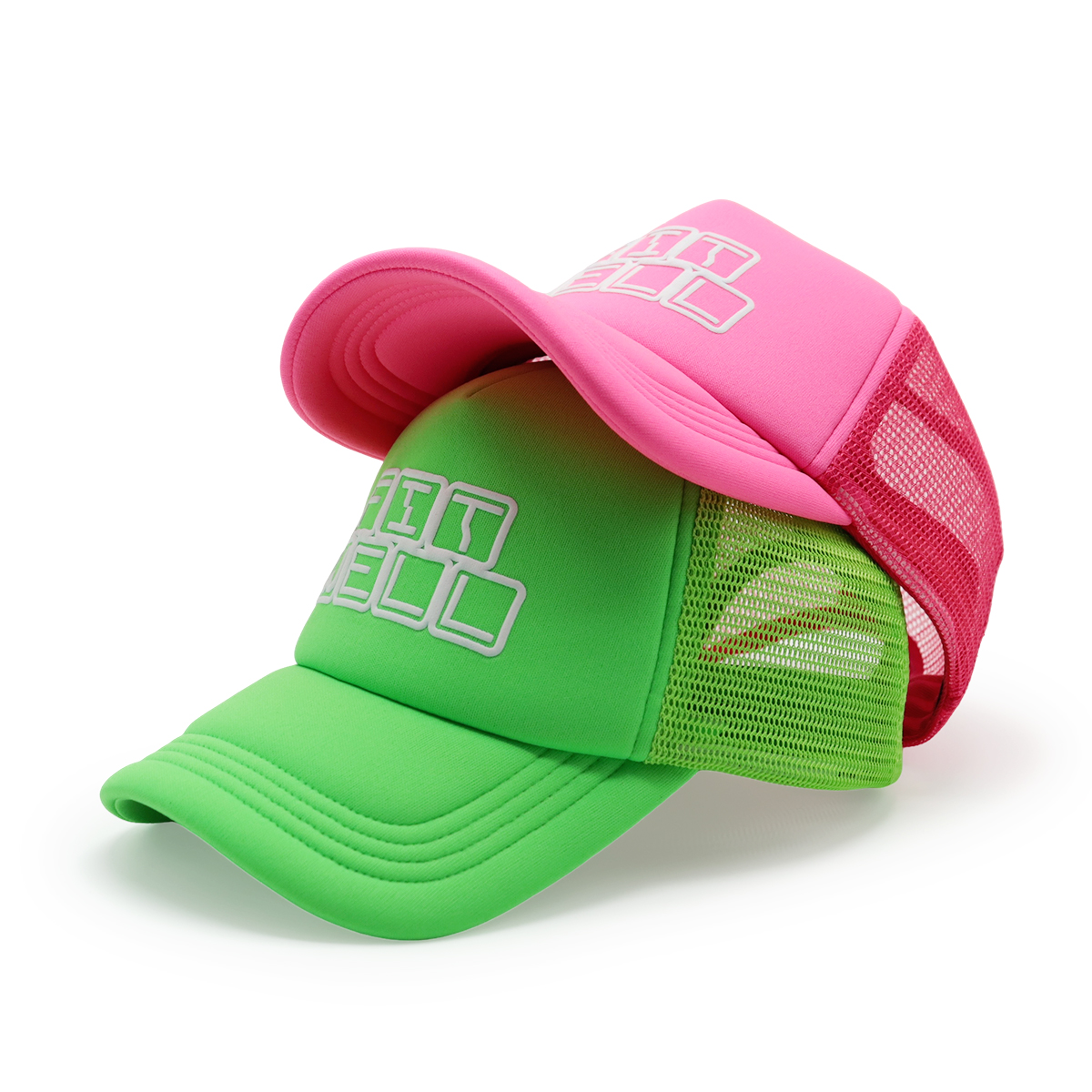Fitwell Neon Puff Print Trucker Cap, 3D Logo Mesh Hat, Trendy Sports Adjustable Snapback