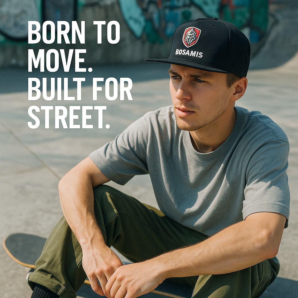 BOSAMIS Black 3D Embroidered Snapback Hat with Red Logo