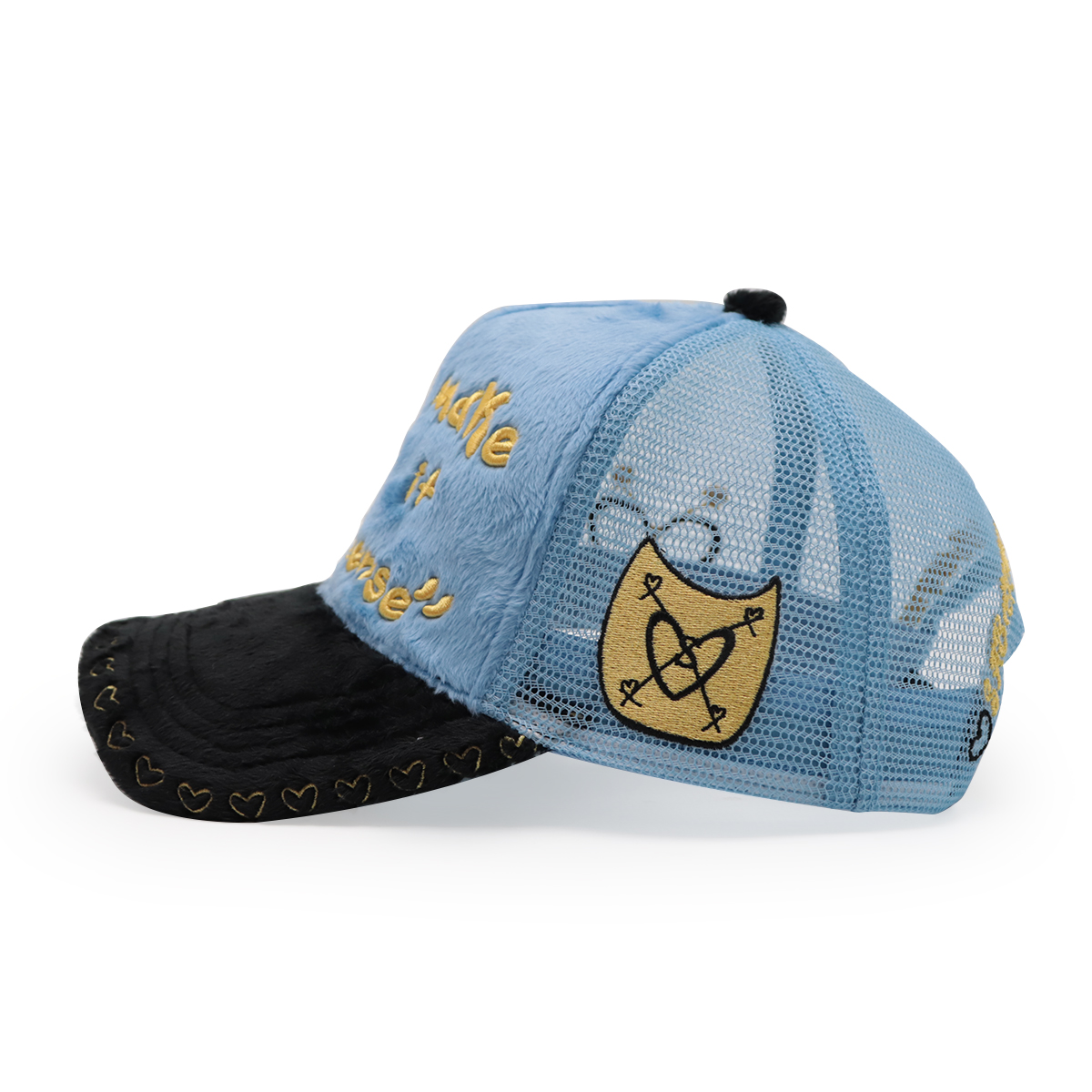 FITWELL Fuzzy Patchwork Trucker Hat – Embroidered Plush Mesh Baseball Cap