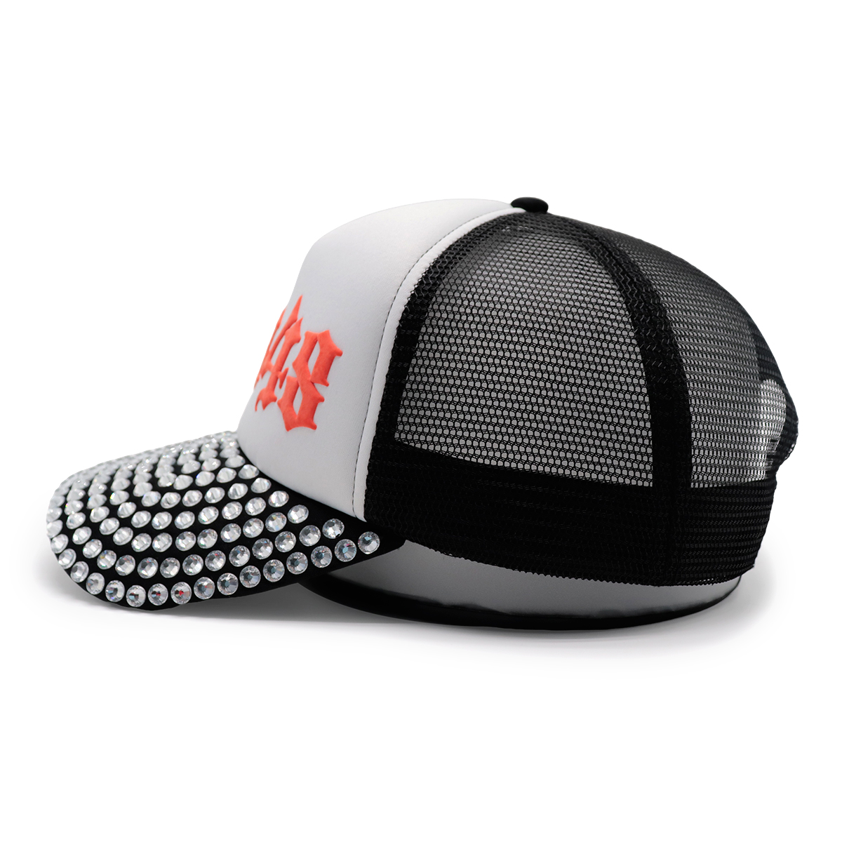 Puff Print Logo Rhinestone Mesh Baseball Cap – 3D Raised Embroidery, Adjustable Snapback, Unisex Streetwear Hat