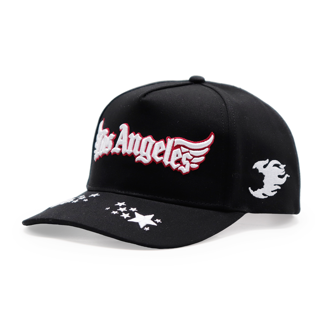 3D Embroidery Logo Black Baseball Caps, Flame & Star Pattern, Adjustable Unisex Hip-hop Cap (Los Angeles / Fitwell / A Letter)