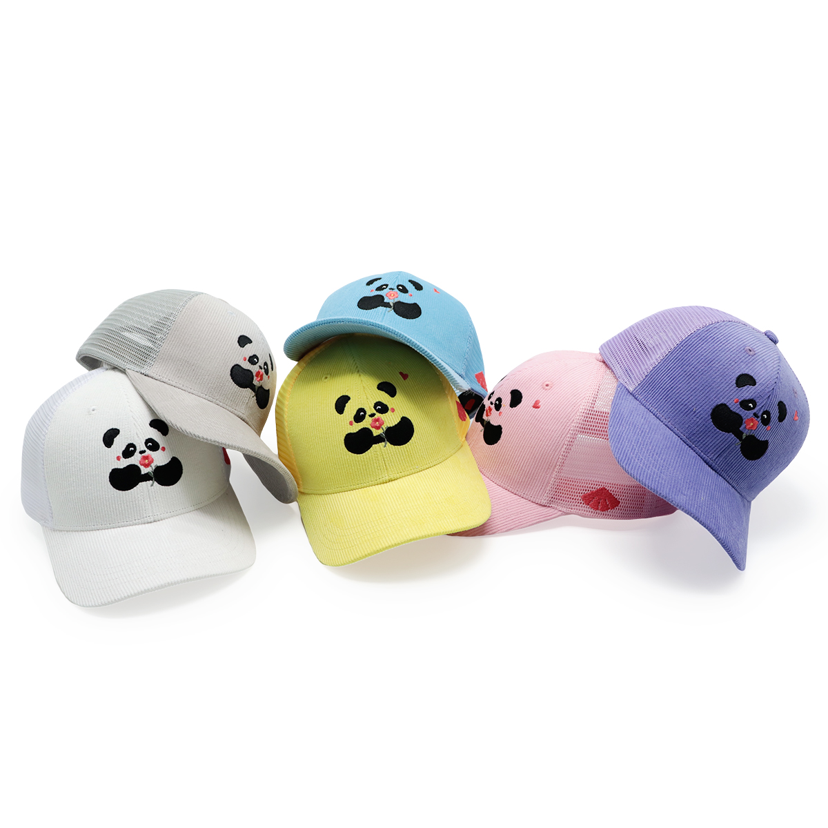 Cute Panda Embroidery Corduroy Mesh Trucker Hat for Kids and Adults