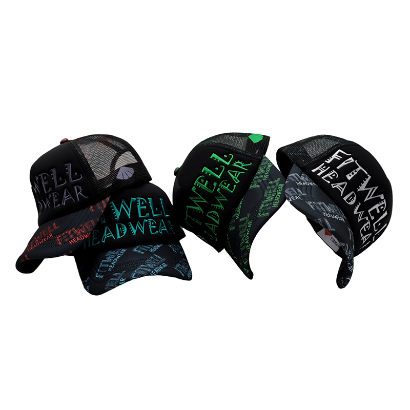 FITWELL All-Over Print & Embroidered Logo Trucker Hat – Bold Mesh Baseball Cap