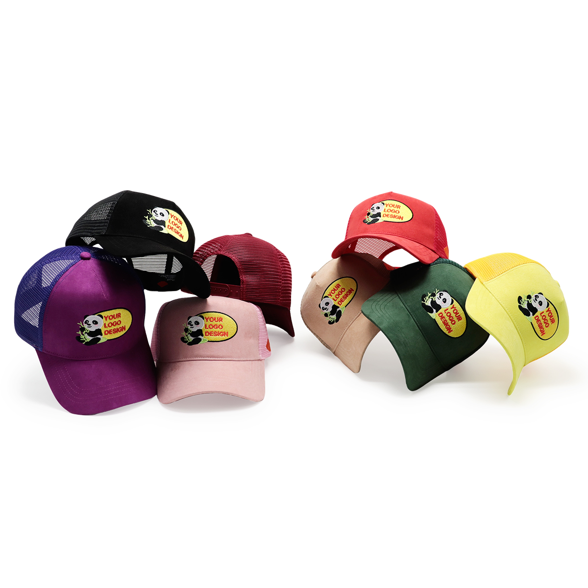 Custom Logo Trucker Caps – Multi-Color Mesh Back Snapback Hat with Panda Patch