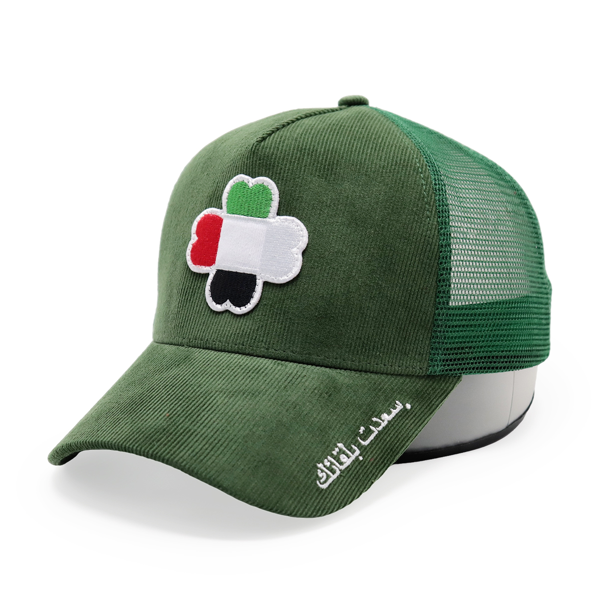 UAE Flag Clover Embroidered Corduroy Mesh Trucker Cap – Four-Leaf Lucky Baseball Hat