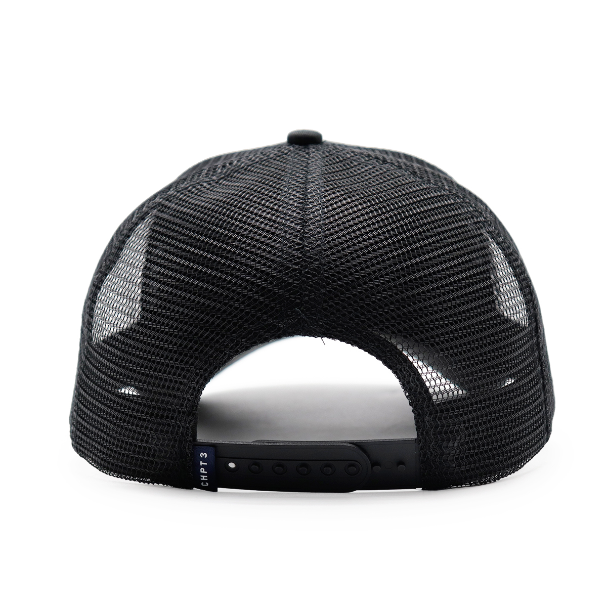 CHPT3 Black Trucker Cap, Mesh Back Snapback Hat, Embroidered Patch, Adjustable Unisex Baseball Hat