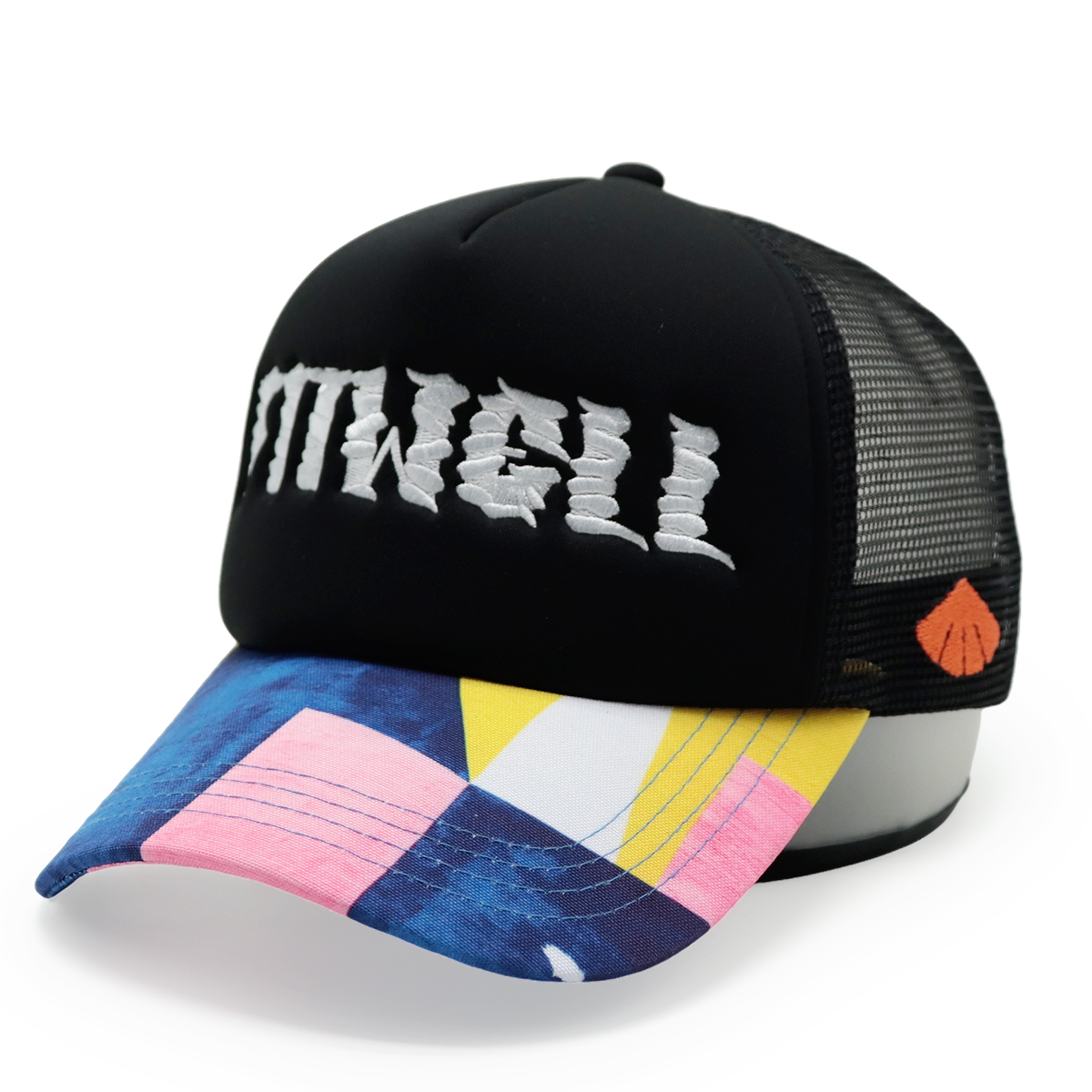 Fitwell Embroidered Logo Trucker Cap, Colorful Printed Brim Foam Mesh Hat, Trendy Snapback