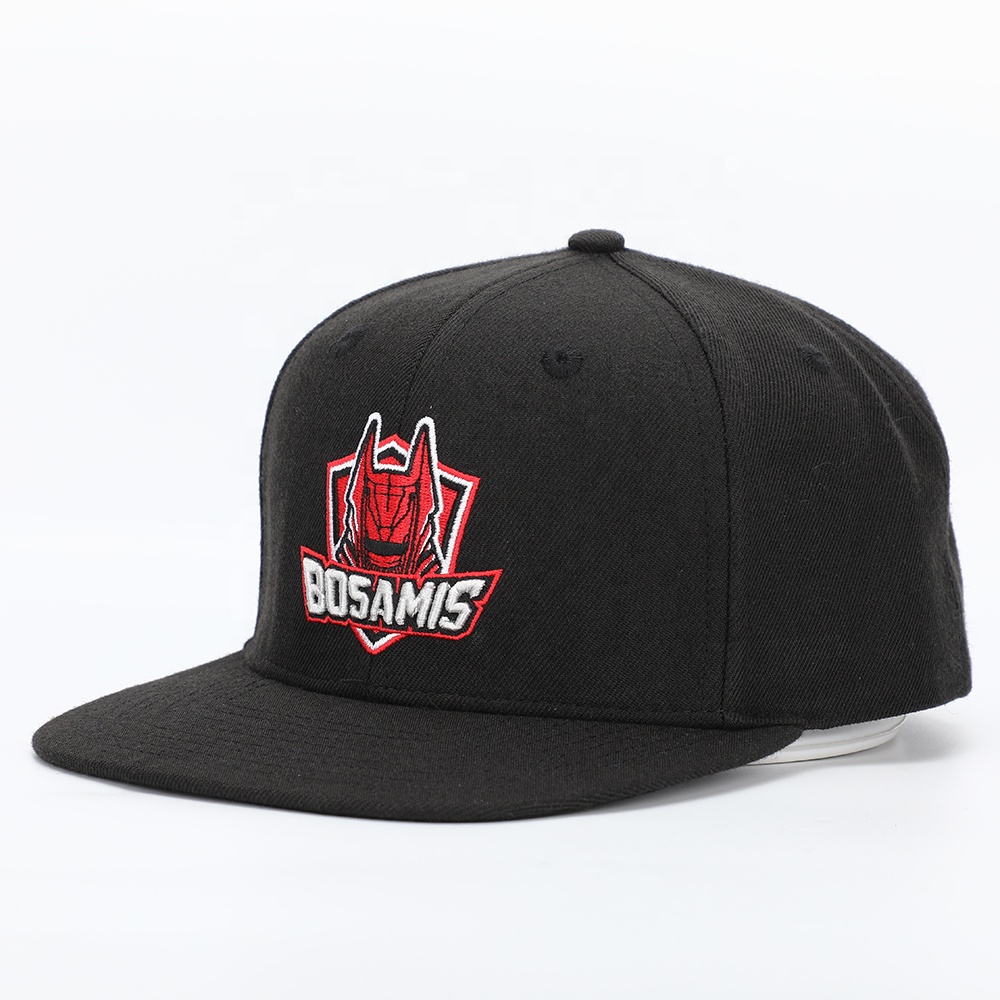 BOSAMIS Black 3D Embroidered Snapback Hat with Red Logo