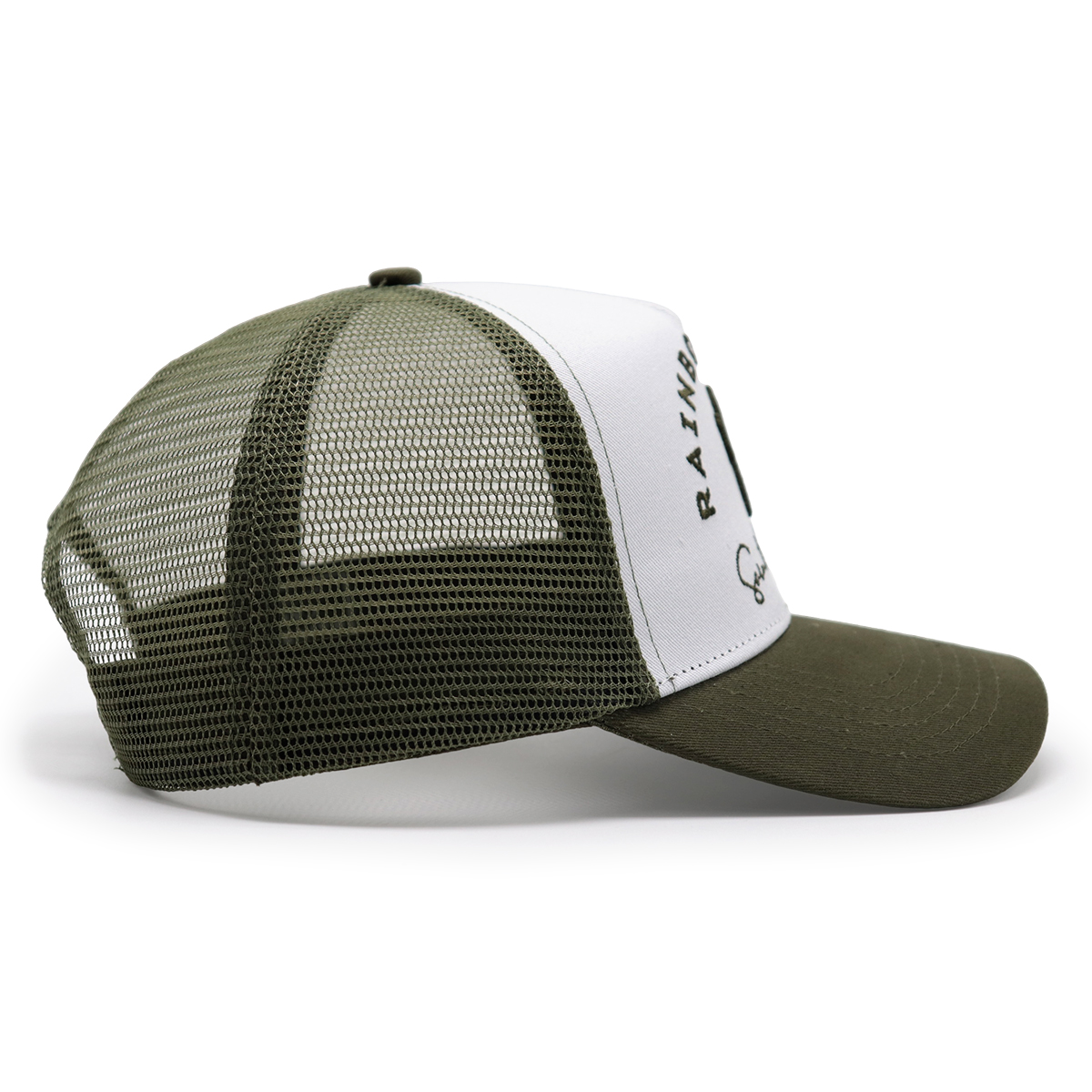 5 Panel Mesh Trucker Cap with 3D Embroidered Rainbow Café Logo – Custom Adjustable Snapback Hat
