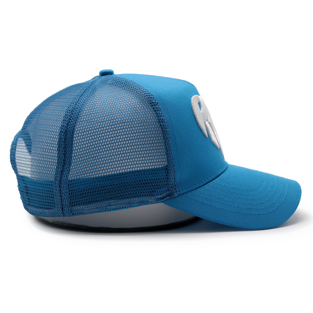 5 Panel Blue Trucker Cap with 3D Embroidered RARE Logo and Curved Brim – Adjustable Mesh Snapback Hat