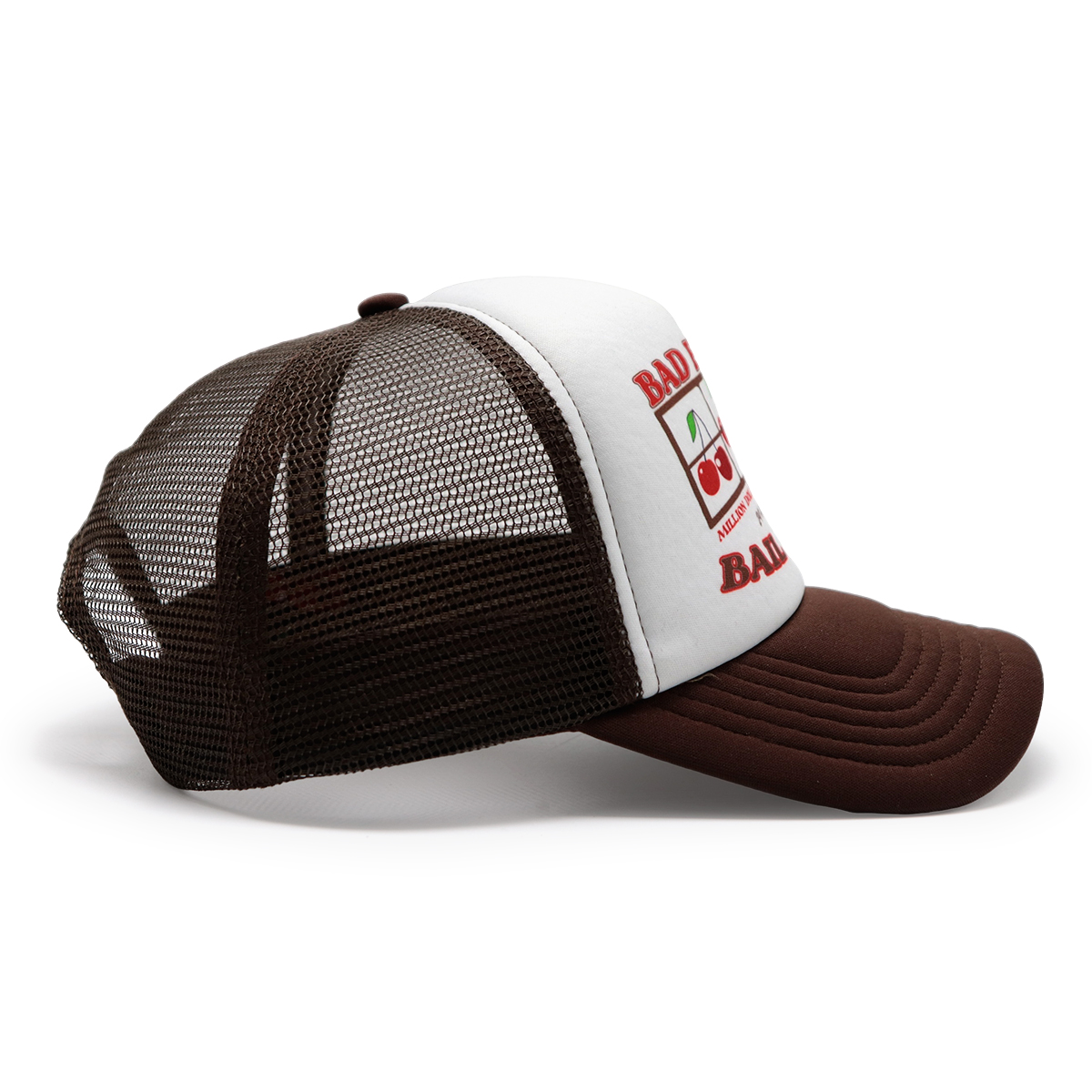 Printed Logo Mesh Trucker Cap – Brown & White Retro, Adjustable Snapback, Unisex Streetwear Hat