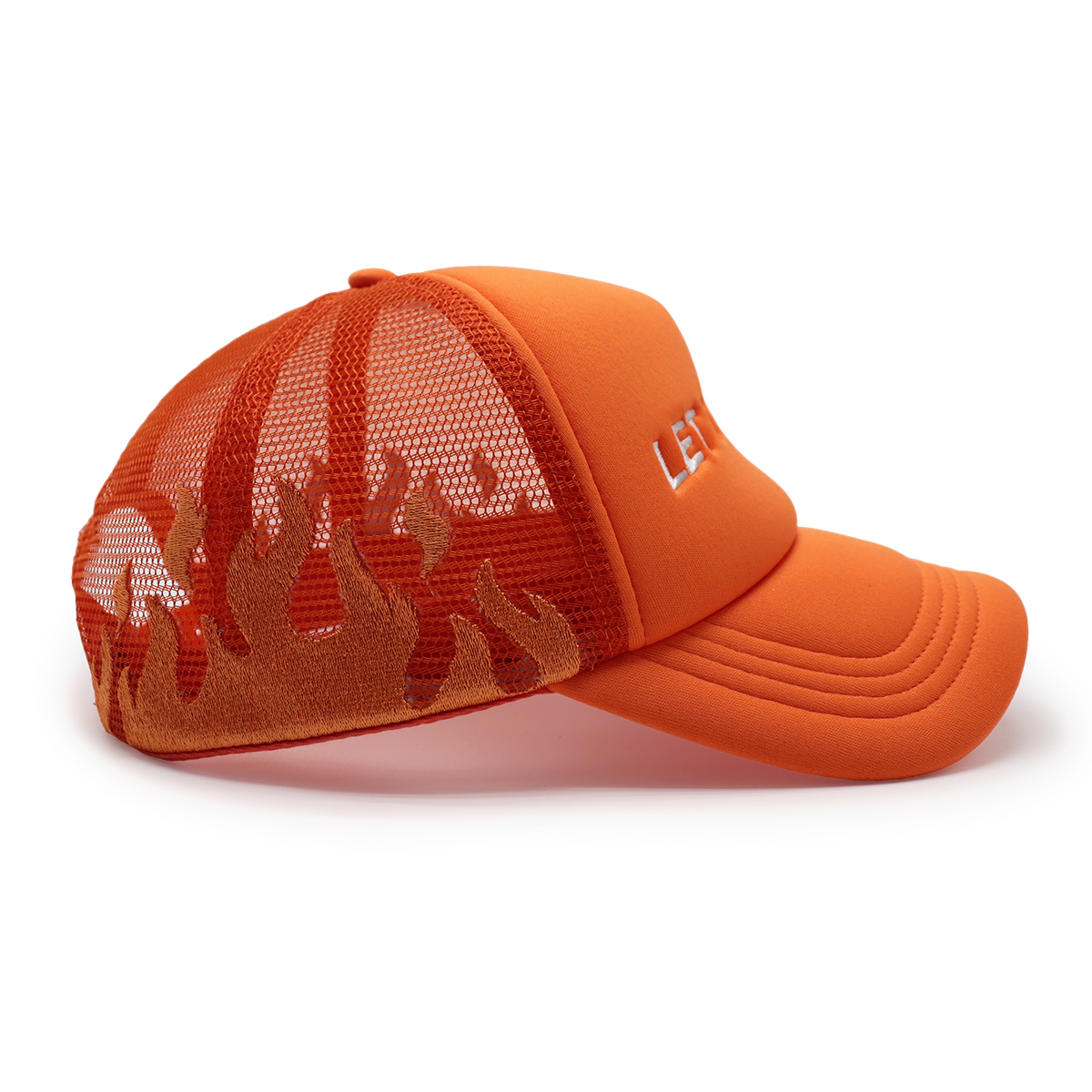 LET IT BURN Embroidered Trucker Hat – Black Flame Mesh Cap & Red Snapback Cap, Statement Baseball Hat, Unisex Adjustable