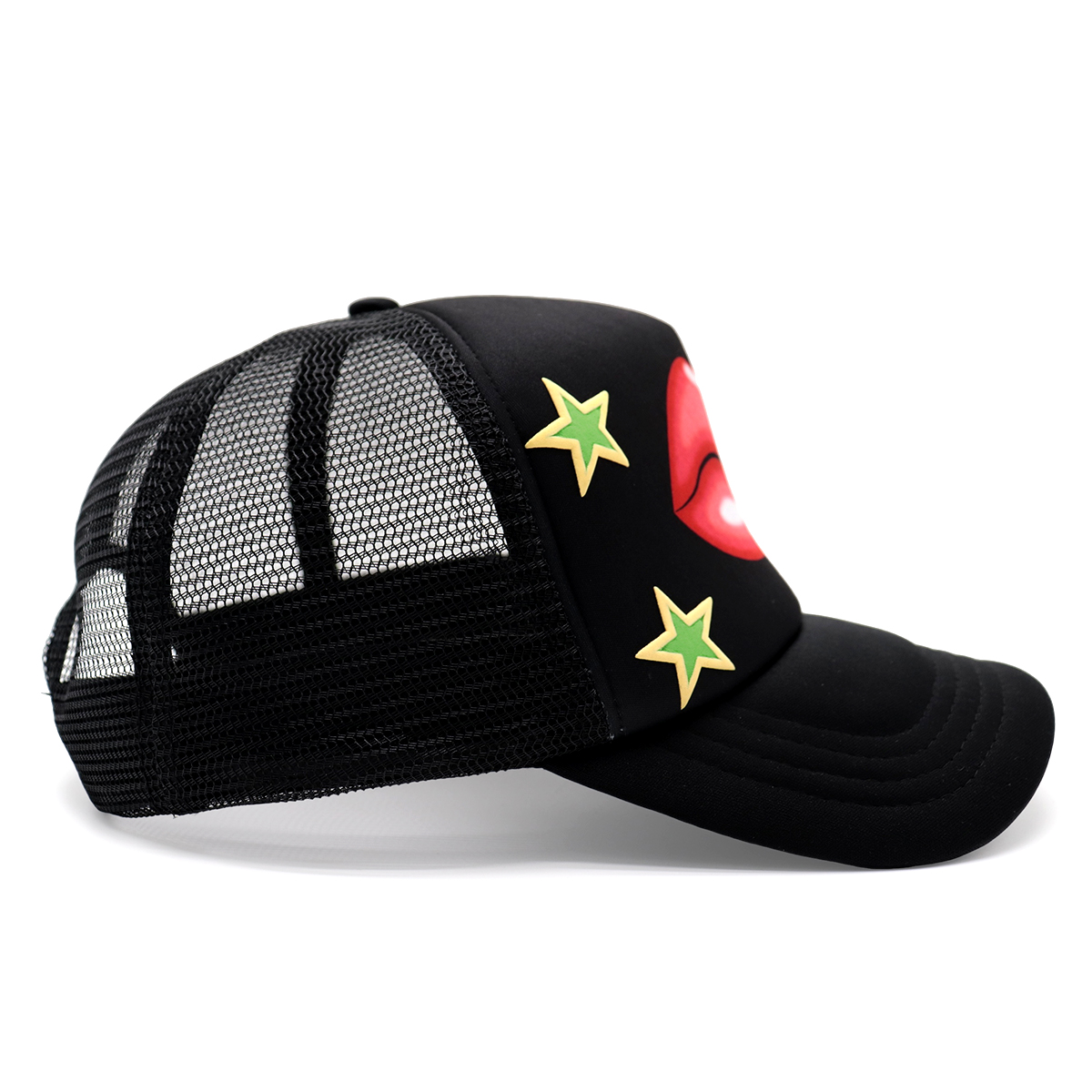 Fashion Black Trucker Cap with Red Lips and Green Star Pattern