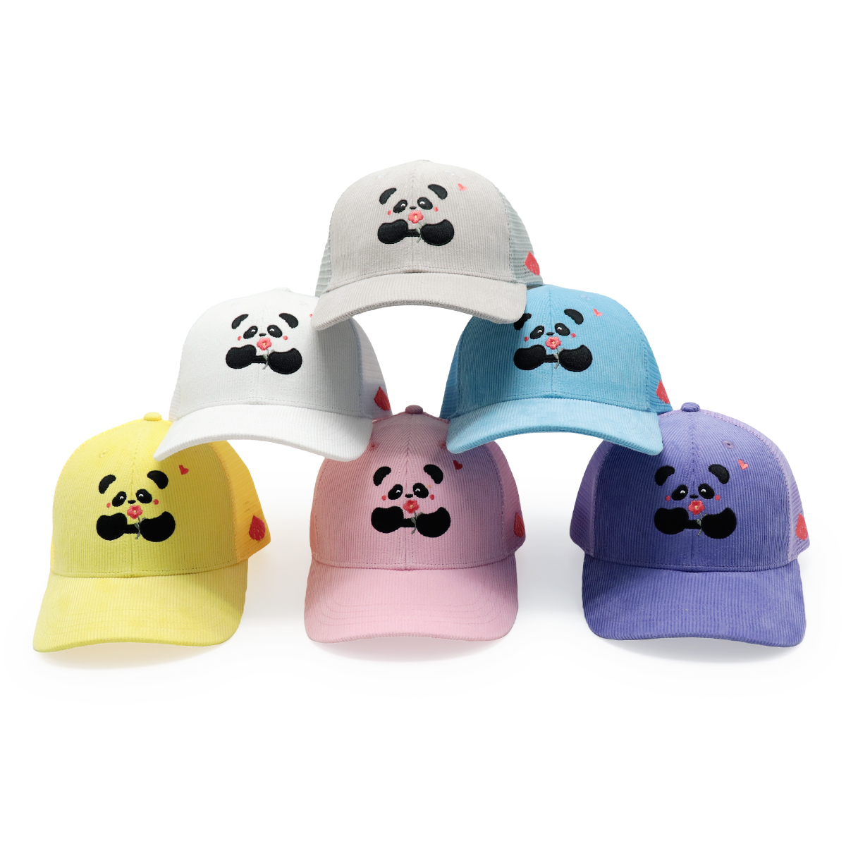Cute Panda Embroidery Corduroy Mesh Trucker Hat for Kids and Adults