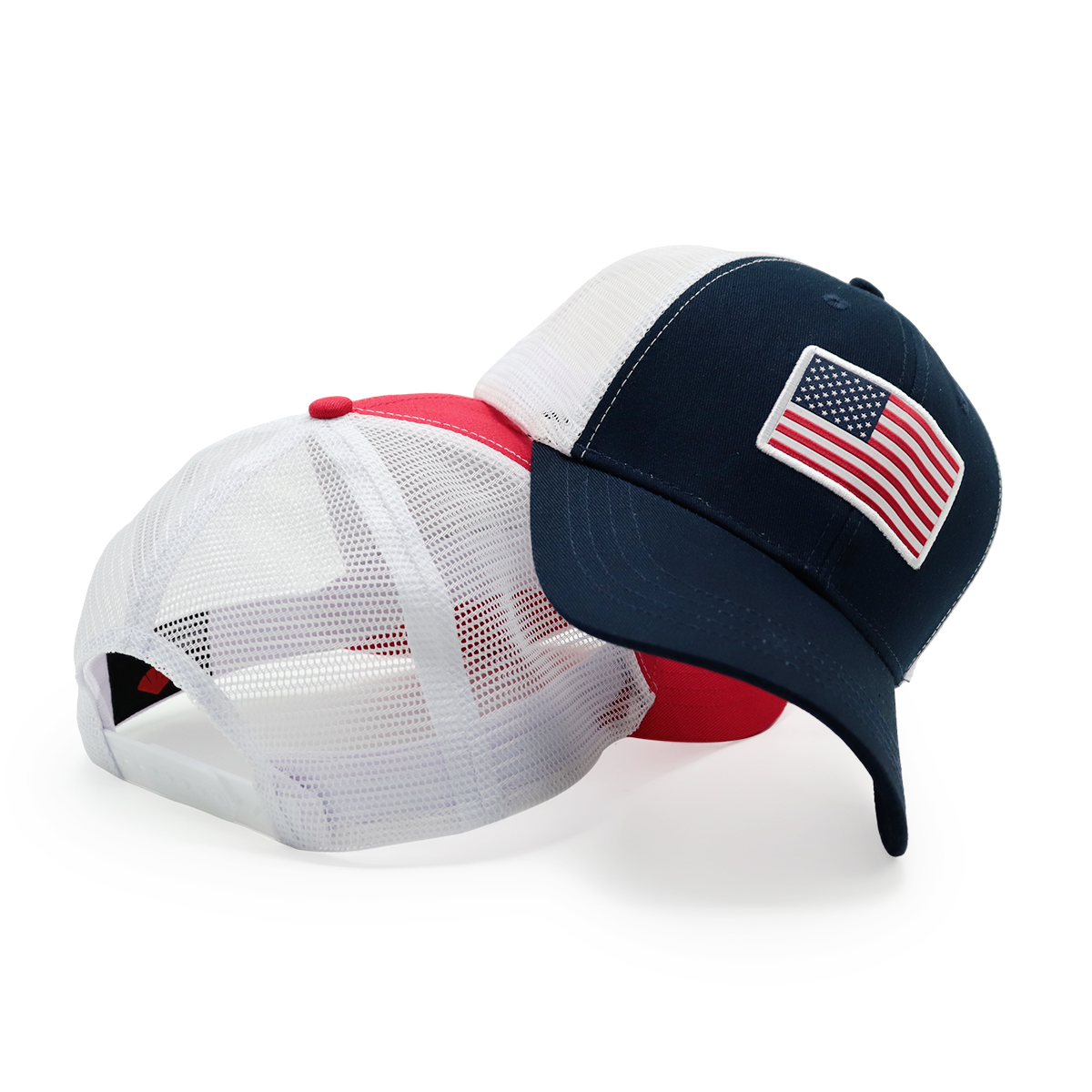 USA Flag Mesh Trucker Cap – Adjustable Classic Closure, American Flag Embroidered Hat (Red & Navy)