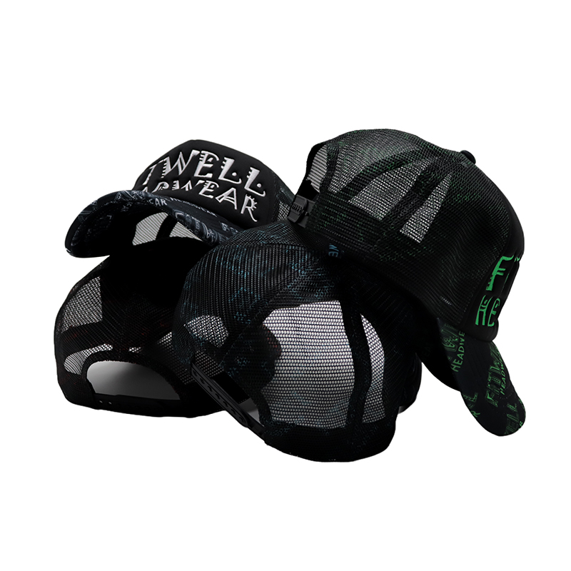 FITWELL All-Over Print & Embroidered Logo Trucker Hat – Bold Mesh Baseball Cap