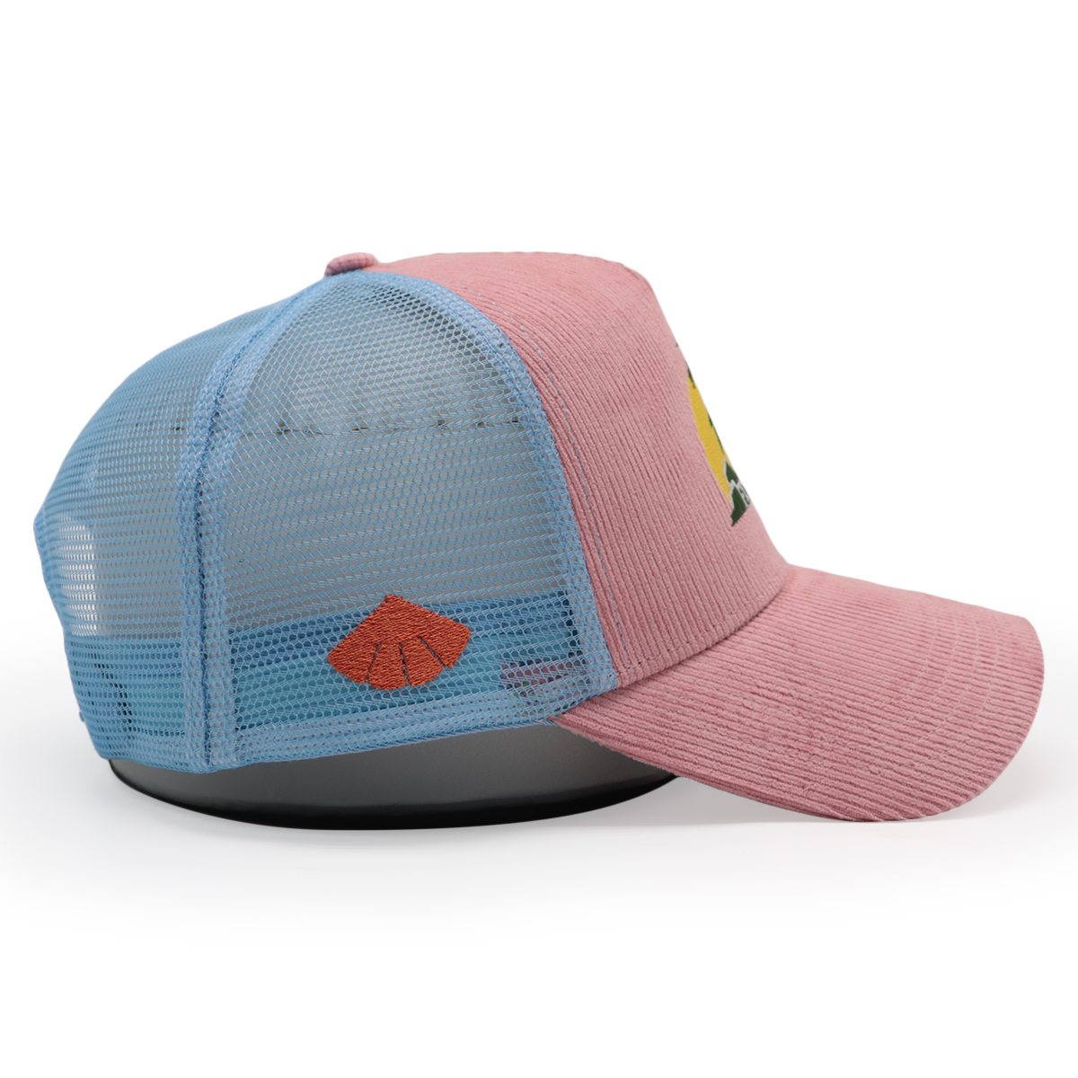 FITWELL Corduroy Mesh Trucker Cap – Embroidered Palm Sunset Logo, Adjustable Retro Hat (Pink, Blue, Green)