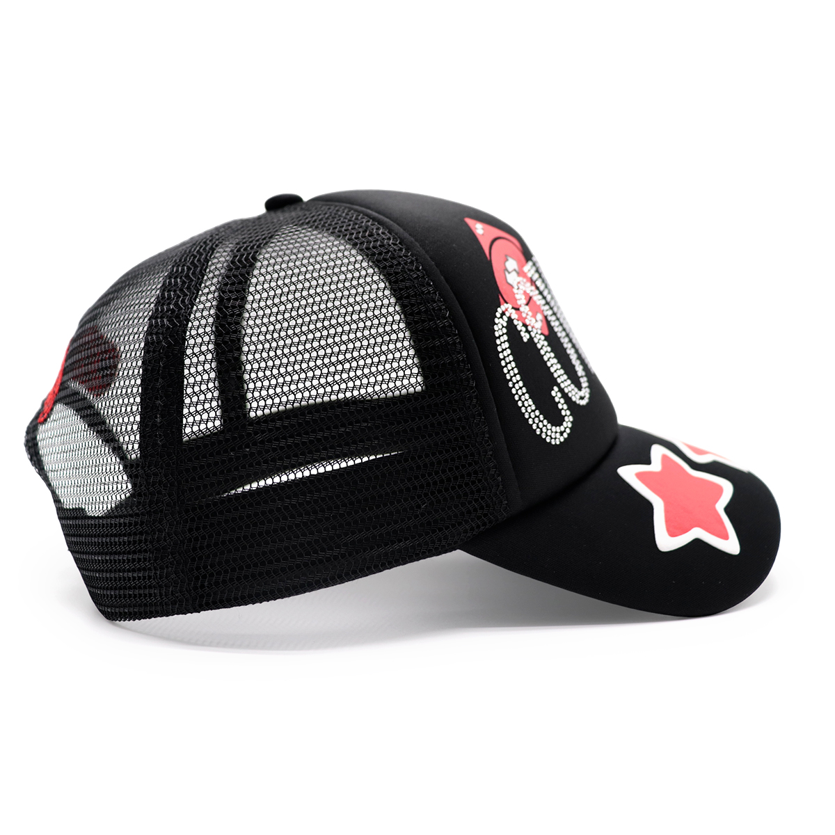 COWGIRL Rhinestone Baseball Cap Trucker Hat – Adjustable Black Mesh Cap with Red Stars for Women and Men