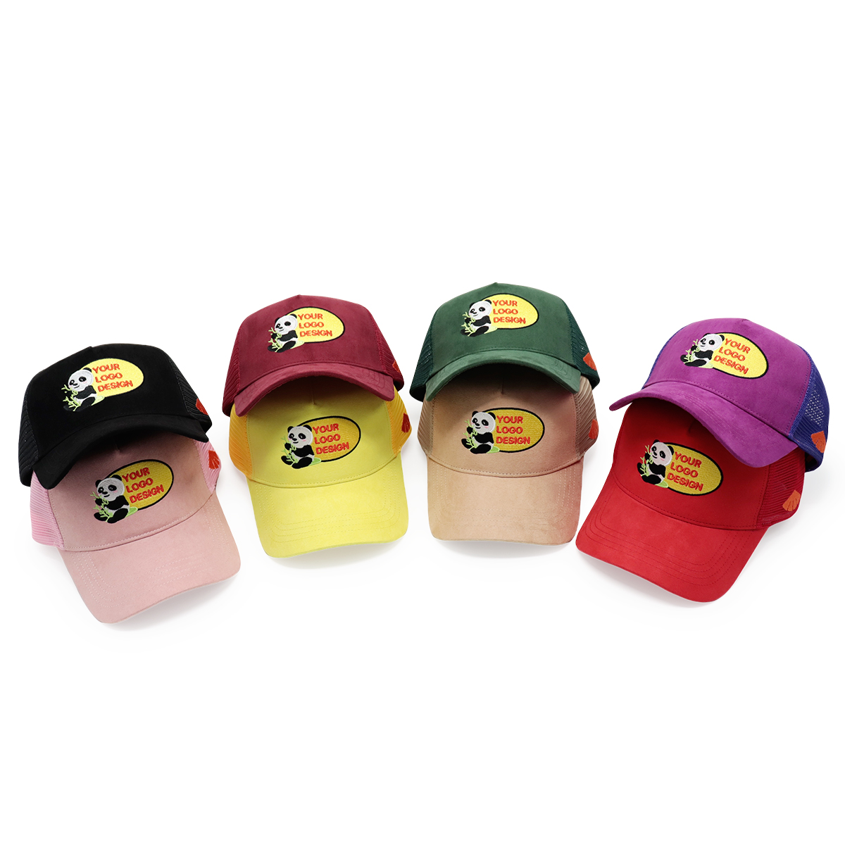 Custom Logo Trucker Caps – Multi-Color Mesh Back Snapback Hat with Panda Patch