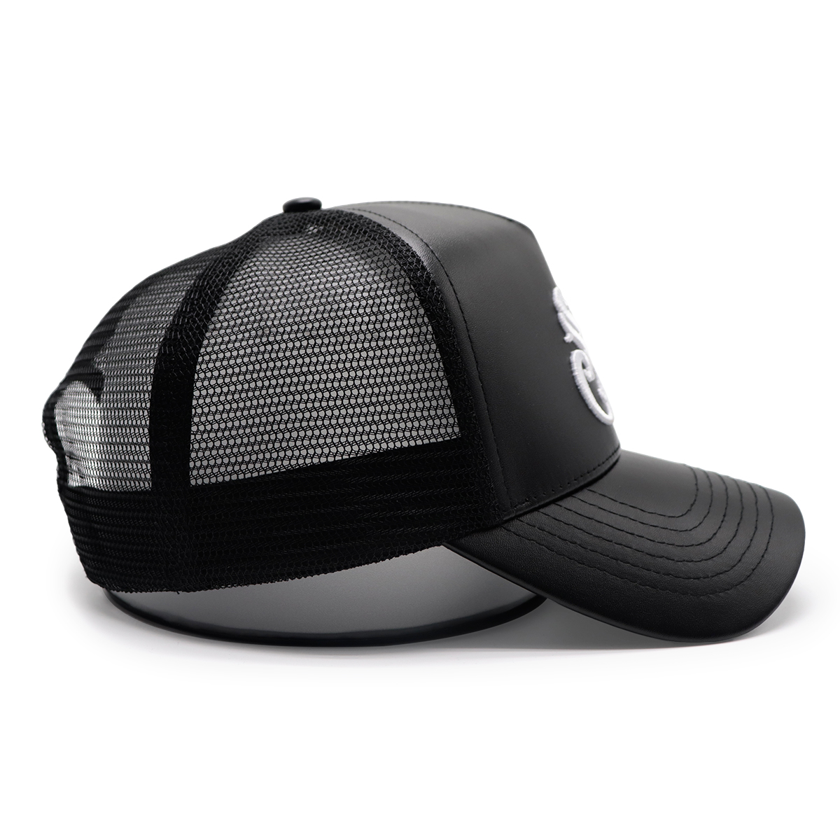 Black PU Leather Mesh Trucker Cap with Retro Embroidered Letters, Adjustable Snapback, Unisex