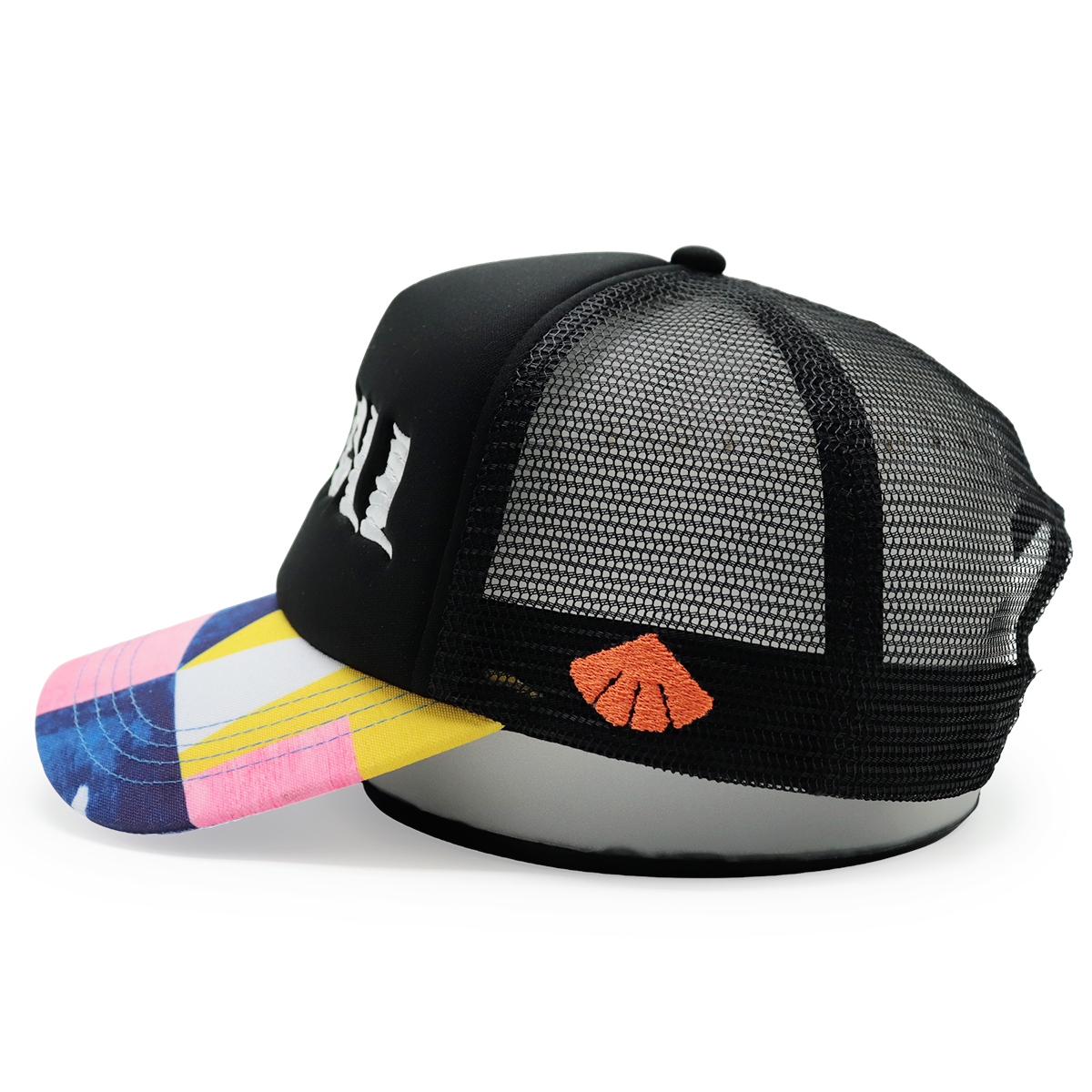 Fitwell Embroidered Logo Trucker Cap, Colorful Printed Brim Foam Mesh Hat, Trendy Snapback