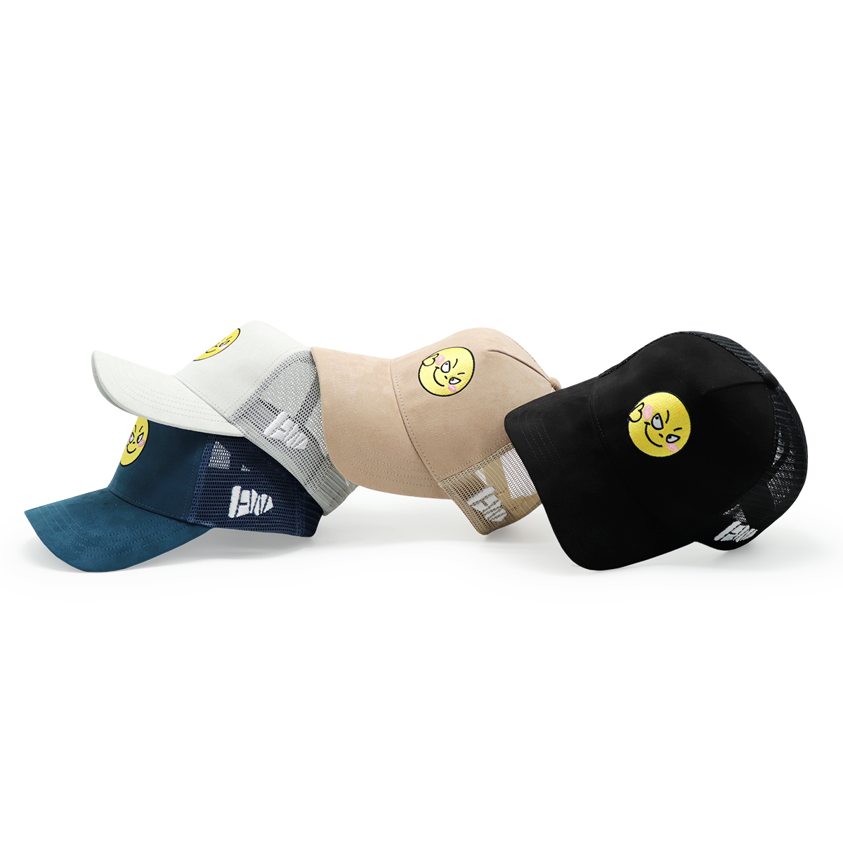 Custom Suede Embroidered Trucker Hats – Mesh Snapback Cap with Smiley Face